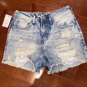 Distressed Buffalo Denim Shorts w Lace Pockets